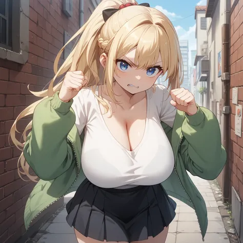 1girl, blonde hair, ponytail, long hair, blue eyes, huge breast, slender waist, oversized jacket, white t-shirt, lowleg skirt, very short skirt, cleavage, tsurime, angry eyes, baby face, cute face, kicking, looking viewer, outdoor, back alley, (masterpiece...