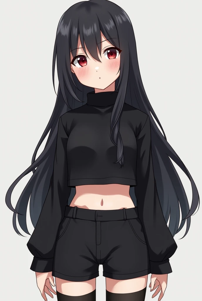 Create a female character like the Naruto characters, hair up to half the back with black threads and ripples at the ends,  not happy or sad , Angelic but striking face, She wears a black cropped with long sleeves and short black shorts with knee-length st...