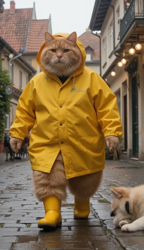 An extremely fat, round orange cat, wearing a yellow raincoat and yellow rain boots, walking through a European town in the rain. A white Shiba Inu puppy is lying on the wet ground. Ultra-realistic, with a cute cat shape