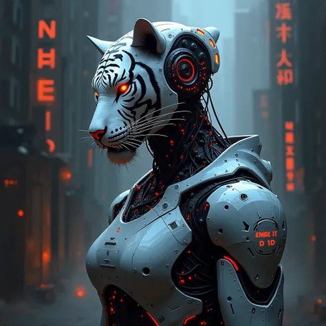 "Create an expressionist painting of a futuristic robot with a striking, intricate cybernetics tiger mask featuring mechanical details. urban style. Use bold, expressive brush strokes to evoke emotion, incorporating a palette of stark whites, blacks, and g...