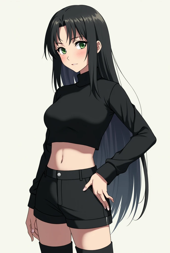 Create a female character like the Naruto characters, hair up to half the back with black threads and ripples at the ends, greenish eyes, Angelic but striking face, She wears a black cropped with long sleeves and short black shorts with knee-length stockin...