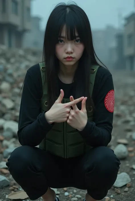 A 20 year old Japanese teenage girl,Black long sleeve casual t-shirt,Red round lollipop logo on the upper arm,Army green bulletproof vest,Silver colored eyeballs,Long straight hair with straight bangs,Black casual trousers,Two finger do not be noisy  pose ...