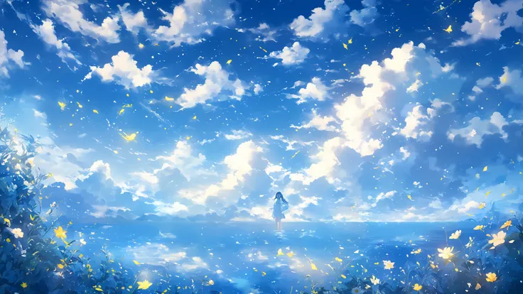 solo、Women Who Feel Love 、 blue sky,  White clouds floating in the distance  , flower々 Standing in the sea 、  Fireflies are flying around .  In the background、々 size cloud flowers are blooming ..,  dreamy , 青い色調の dreamy 雰囲気.   High definition anime style  ...