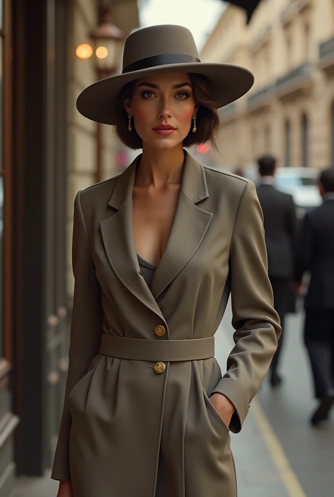  Create an image of a woman dressed wisely and wearing an elegant hat, Where does the image of a sophisticated lady go 