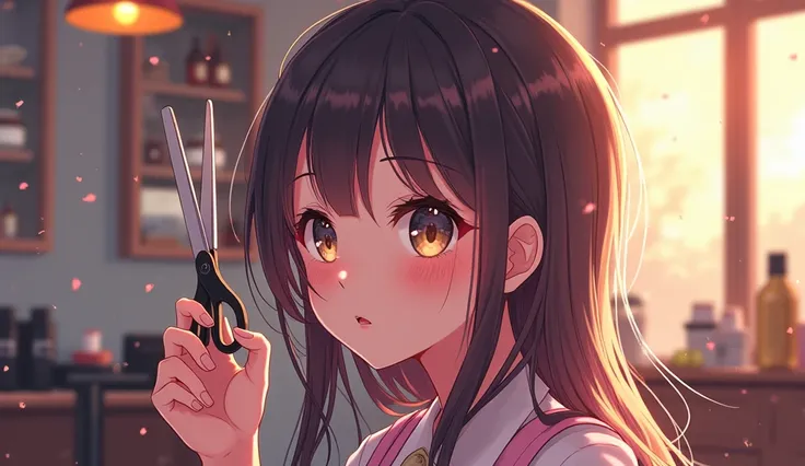 Anime girl at the salon with scissors ready to cute hair.