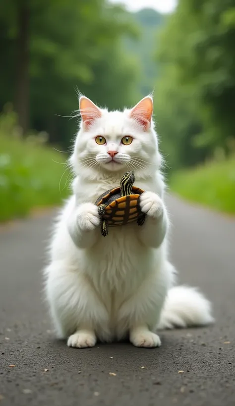 A fluffy white cat stands on a road, gently cradling a small turtle on its back. The scene is set in a lush green environment with trees in the background and tall grass lining the sides of the road. The cat ears are perked up, and its expression is attent...