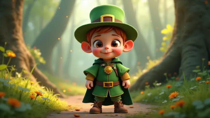 " Creates a dynamic 3D animation-style image for ren that shows 'Ricky The Magic Gobl' in an adventurous pose. Ricky,  a leprechaun of small stature  ( like that of a boy from 3 to  ),  has a friendly expression with a faint smile and very expressive eyes ...