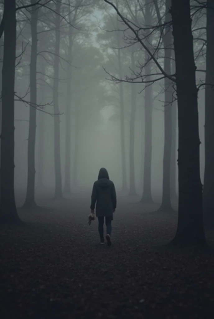 A dark, foggy forest at night with a mysterious, shadowy figure standing in the distance. The atmosphere is eerie, with mist covering the ground and dim, scattered light filtering through the tall, twisted trees. The path is covered in fallen leaves, and t...