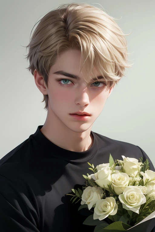  boy, handsome face, shaggy layered blonde hair, light green eyes, looking at the viewer, black shirt style, holding a bouquet of flowers, half body pose, silver background, (eye details, face details, body details), (make clear and good pictures), (make 4...