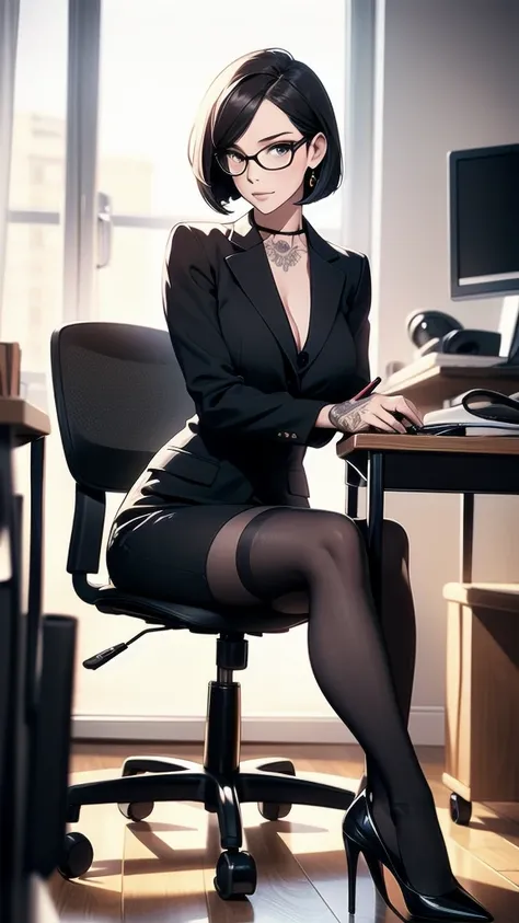 Masterpiece, digital artwork, A gorgeous Woman, black dress, high heels, stockings, office chair, bob haircut, glasses, tattoo, seductive pose, modern office, professional attire, pencil, sitting, wooden floor, elegant look, confident, highly detailed, dyn...