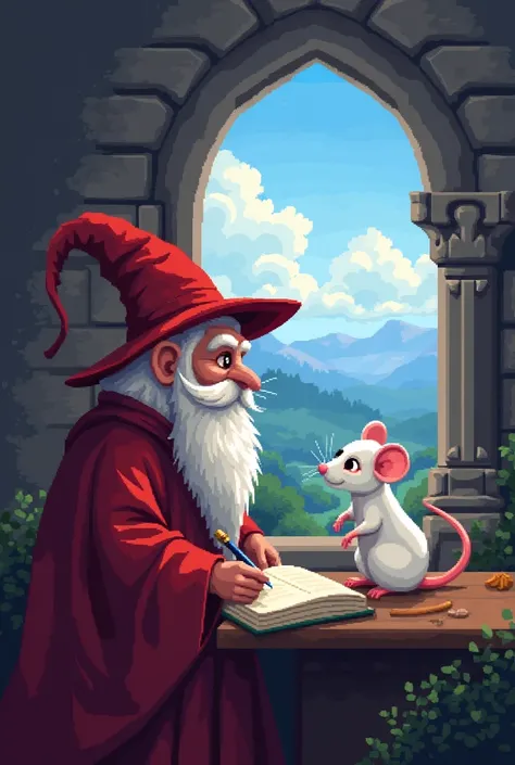 A white rat , next to a Wizard in red clothes,  style and that the magician is writing in a book while the rat looks like the magician writes. In the background of the image there must be a window of a castle with a beautiful fantasy landscape that can be ...