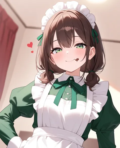 masterpiece,  BEST QUALITY,  1 girl, Alone,  girl、Clear、 s、Petite、 small tits、 brown hair, green ribbon、  Medium Hairstyles、 green eyes、 cute green maid outfit、 Long Sleeve, Frilled, Looks sleepy、smile, idol、 lots of hearts、 have red cheeks 、 Valentine's D...