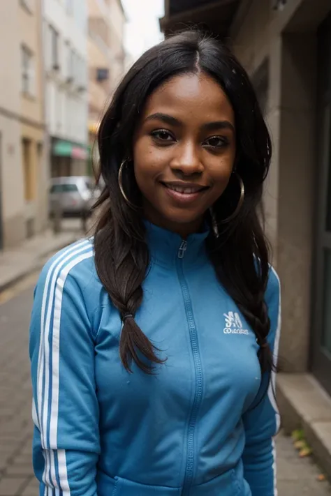 African black woman, very dark ebony skin, smile, dreadlocks chignon, Fitness musclular body, blue tracksuit , close-up portrait, from face, street Block 