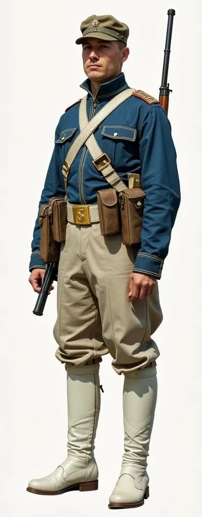 military uniform, blue shirt with pants, white boots, 1923-1925 The guy stands at full height and straight.Stands straight.A type of uniform worn during war or regular service.With weapons and equipment.Dressed inwhite tactical gear