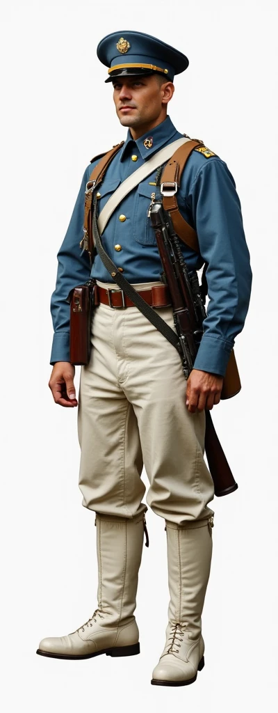 military uniform, blue shirt with pants, white boots, 1923-1925 The guy stands at full height and straight.Stands straight.A type of uniform worn during war or regular service.With weapons and equipment.Dressed inwhite tactical gear