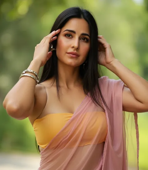 A stunningly realistic portrait of Katrina of 25 years old in a  transparent navel saree sleeveless blouse. shy expression. The background is a subtly blurred natural environment, creating a bokeh effect. Shot in ultra-high-definition with a Canon EOS R3, ...