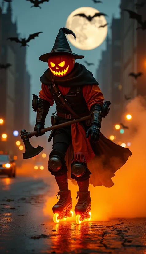 pumpkin,  using inline skates with glowing luminous wheels, gloves and knee pads , wearing black and orange medieval clothing, axe in hand, Full Moon Church, pumpkins, calaveras, realistic bats,  moving at speed in the city at night, orange smoke 