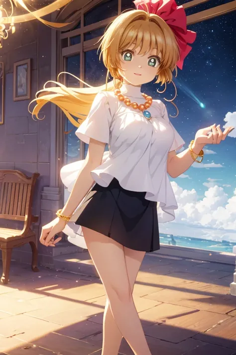 A beautiful girl in a dress and shoes walking on a balcony, anime girl, 1girl, (20 years old girl), (aged up), Kinomoto Sakura, a light skinned girl, long hair, shiny hair, hair bow, bead necklace, dilated pupils, earrings, blush, light smile, bright pupil...