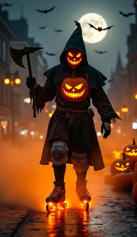 pumpkin,  using inline skates with glowing luminous wheels, gloves and knee pads , wearing black and orange medieval clothing, axe in hand, Full Moon Church, pumpkins, calaveras, realistic bats,  moving at speed in the city at night, orange smoke 