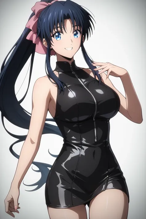 Half body, dutch angle, MASTER PIECE, HIGH QUALITY,  HD, 4K(((((Kamiya Kaoru wearing perfect leather dress))), (((sexy body))), ((((perfect girl anatomy)))), BLACK LONG HAIR, long ponytail hairstyle, pink hairbow, PERFECT EYES, large breasts, dynamic pose,...