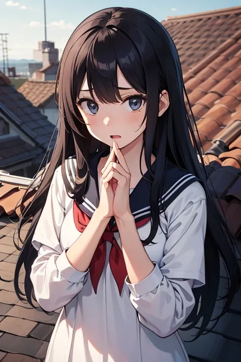  1 woman， troubled expression， opening your mouth slightly ，They put their hands together around their mouths， black hair， with long hair ， wearing a sailor suit ，It's on the roof