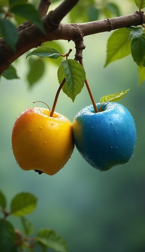 2 colorful Apple (yellow, and blue) hanging from a tree branch.