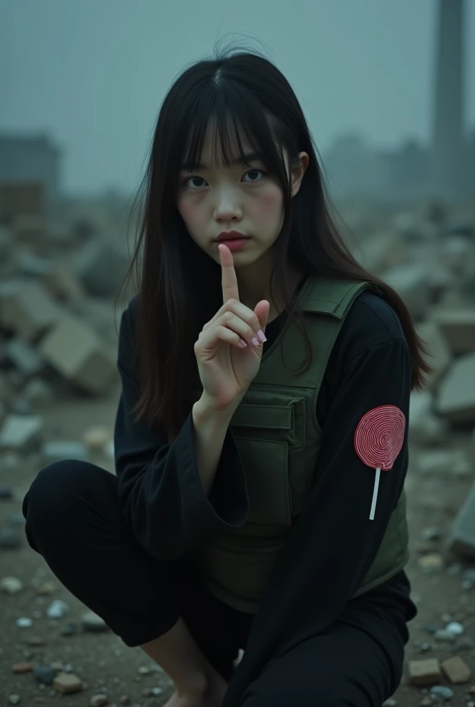 A 20 year old Japanese age girl,Black long sleeve casual t-shirt,Red round lollipop logo on the upper arm,Army green bulletproof vest,Silver colored eyeballs,Long straight hair with straight bangs,Black casual trousers,Sign language finger pose don't be no...