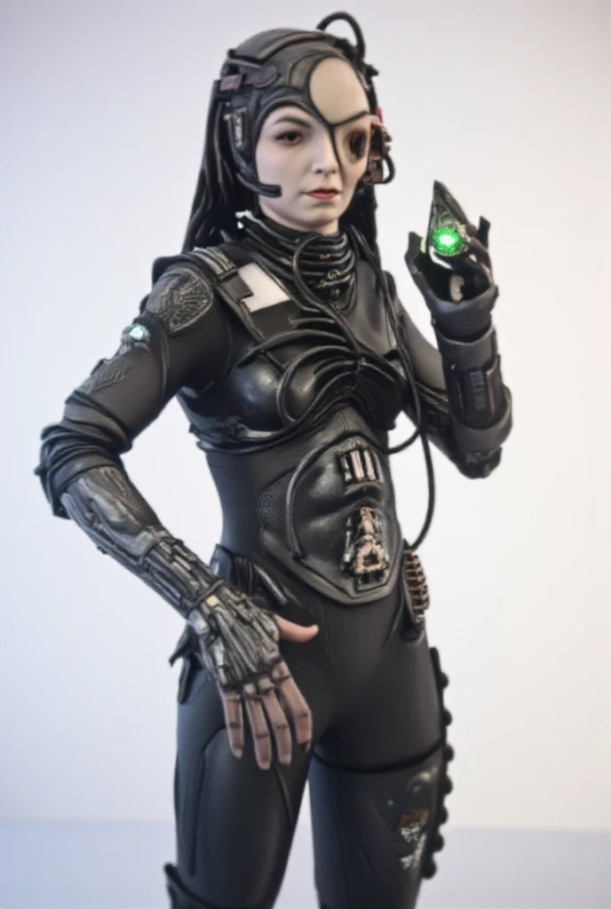 Borg christine from Star Trek,. Her face is pale with a mix of human features and sleek cybernetic implants. A glowing green ocular device covers one eye, with wires running down her neck into her body. Her skin is interlaced with black mechanical plating,...