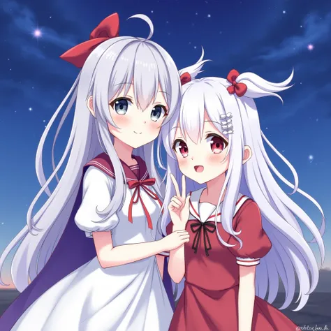 An anime-style illustration featuring two female characters posing closely as best friends, both looking at the camera. The first character (Girl 1) has long, silvery-white hair, a red ribbon, and wears an elegant white dress with red and purple details, a...