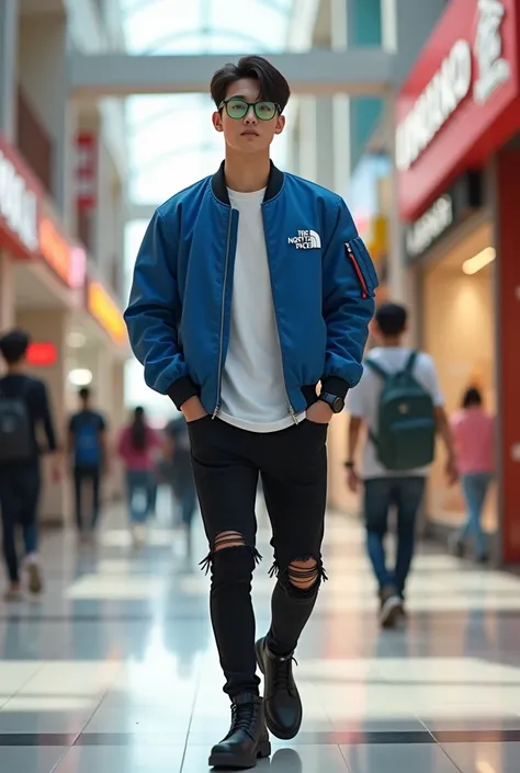 Korea male, wearing green glasses, memakai jaket bomber the north face biru,  wears a white t-shirt,  watches in black ,  black pants ripped torn ,  black shoes , walking in the mall 