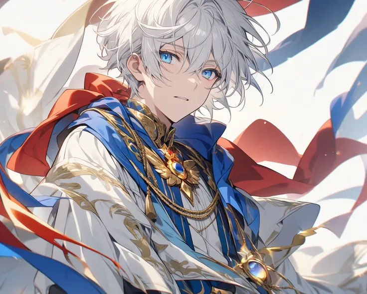 A human boy with short white hair , and blue eyes , Wearing clothes in the colors blue , white , And a red scarf with a gold brooch 