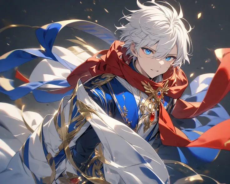 A human boy with short white hair , and blue eyes , Wearing clothes in the colors blue , white , And a red scarf with a gold brooch 