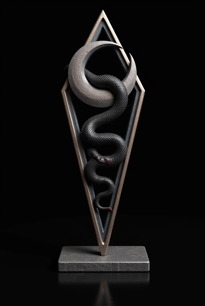 A trophy in the shape of a triangle that features a crescent with a red-eyed black snake 