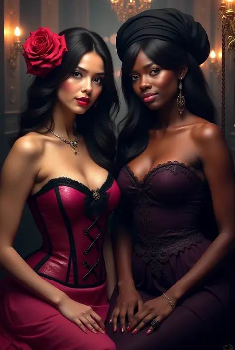 Make one with long hair and a red rose in her hair and a pink-on-black corset and another dark-skinned black woman in a dark purple roundish dress and a black headscarf at a cabaret 