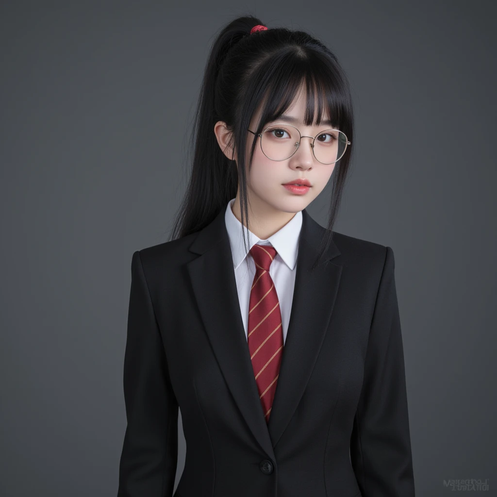 (( masterpiece,  High quality,  Highest image quality ,  high resolution,  photorealistic, RAW photo,  unified 8k CG wallpaper )), ( Japanese girl,  black hair , fringe,  ponytail ,  round glasses ,  long hair suit,plump lips,  big boobs, nerd girl, unifor...