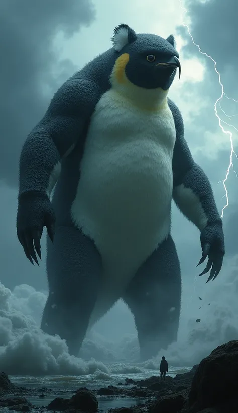 hyper-realistic, cinematic incredibly massive penguin-koala hybrid with bad weather behind.