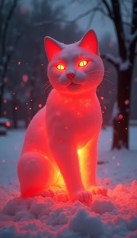 The snow cat statue in the city park begins to glow with an intense red light, its entire form radiating an eerie magical energy. The red glow pulsates softly, illuminating the surrounding snow with a warm yet unsettling hue. Wisps of red mist rise from th...