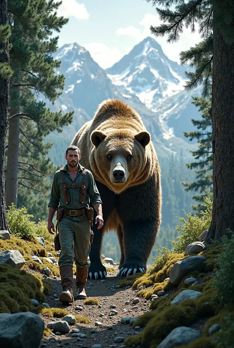 A man walks with a bear 
