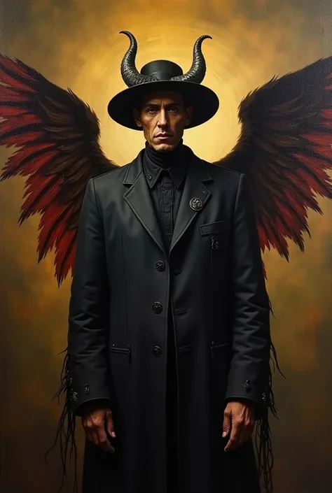   of a man dressed as a demon with a hat and wings ,  a surrealist painting inspired by the painting by Jan Baptist Weenix , tumblr, baroque,  Lucifer oil canvas , in the style of Caravaggio, Daniel, Portrait of the Angel of Death, feito in the style of Ca...