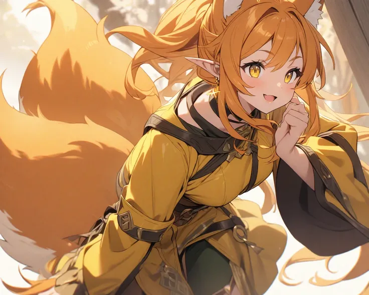 an elf girl , With long orange hair , with yellow eyes , wearing black and yellow leather clothes , with golden earrings , and having an orange fox tail 