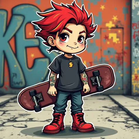 Make me tshirt design of a minimalistic urban style skateboard boy gothic style,red hair, tatooes, red boots, standing holding the skateboard, looking at the camere semi side smile, eyebrow pierce, grafitti street background

