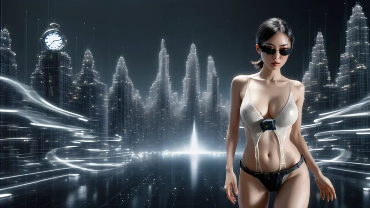 (Wide and low angle view). Ryoji Ikeda Style, High quality 3d background in matrix style, a simple outlined transparent maze mysterious city with a clock tower, waterfall. Unreal 5, hyper realistic, dynamic lighting, fantasy art. A woman, (wearing a transp...