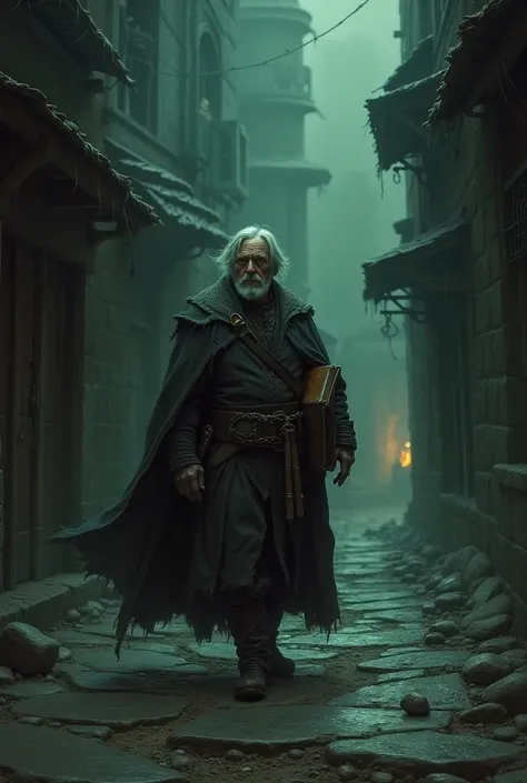 Grimfantasy atmosphere as in warhammer fantasy, at night a scholar middle age man, walking on dark street of a old city of empire. He is grey hairs, stocky, grey green eyes; a small sword hanging on his belt. He carries a big book under his arm. We see him...