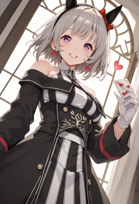 Wow , horse ears, earmuffs,earrings, Grey Hair ,  medium hair ,  Purple Eyes,  horsetail,r4ce, off shoulder, black dress, striped dress, Long Sleeve, white gloves,手で heartを作る,  Dutch angle , Karen Chang、 tarot cards、 heart