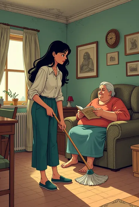 Make a comic like drawing A young woman with black hair cleaning a slightly old house while a very old woman, Gorda is reading a book 