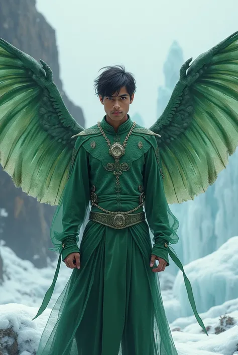 Realistic full body face. HANDSOME BANGLADESH youngteen man. GREEN FROZEN OUTFIT. FLYING-FISH WINGS. BACKGROUND: ICE. 