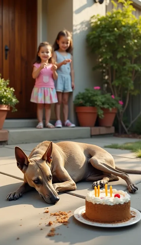 A severely malnourished dog lies weakly on the warm pavement near the entrance of a suburban house. Its frail body is reduced to skin and bones, every rib and vertebra clearly visible beneath its dull, patchy fur. Its hip bones jut out sharply, and its leg...