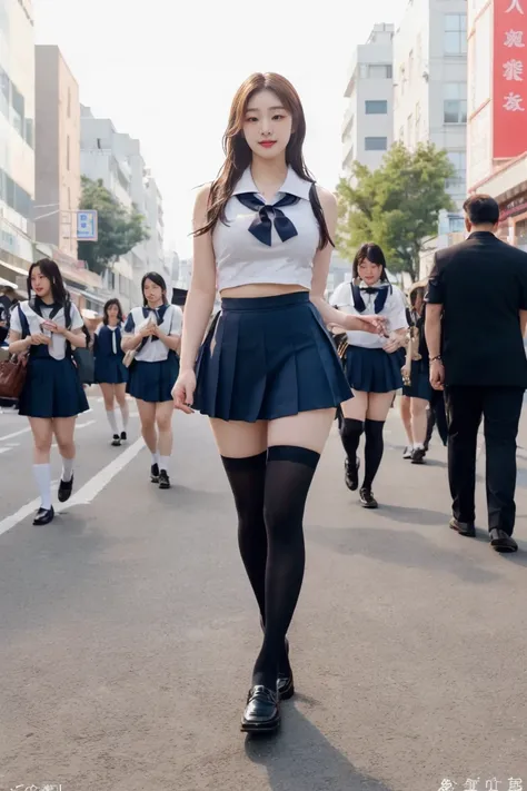 A beautiful girl, an idol by profession, with a stunning figure, large and well-shaped breasts, long legs, a slender and balanced body, and perfect anatomy. She is wearing a very short sailor-style school uniform with a cropped navel-baring tank top undern...