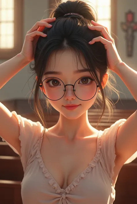  highest quality ,  ultra-high resolution  , Taiwanese，， small ，Breast pad ，Pink areolas ，Smile，hands on head，ponytail，wear glasses，Put your hands on your head in church ,Full body picture，long legs，