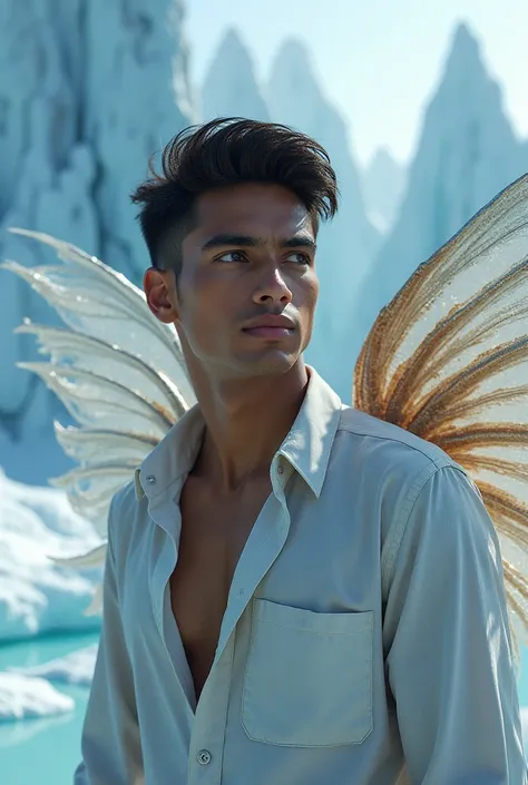 Realistic full body face. HANDSOME BANGLADESH youngteen man. GREEN FROZEN OUTFIT. FISH WINGS. BACKGROUND: ICE. 